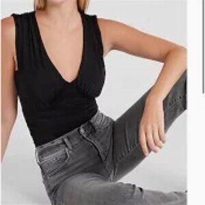 Express Black Body Contour Ruched Empire Deep V Bodysuit SZ‎ S NWT